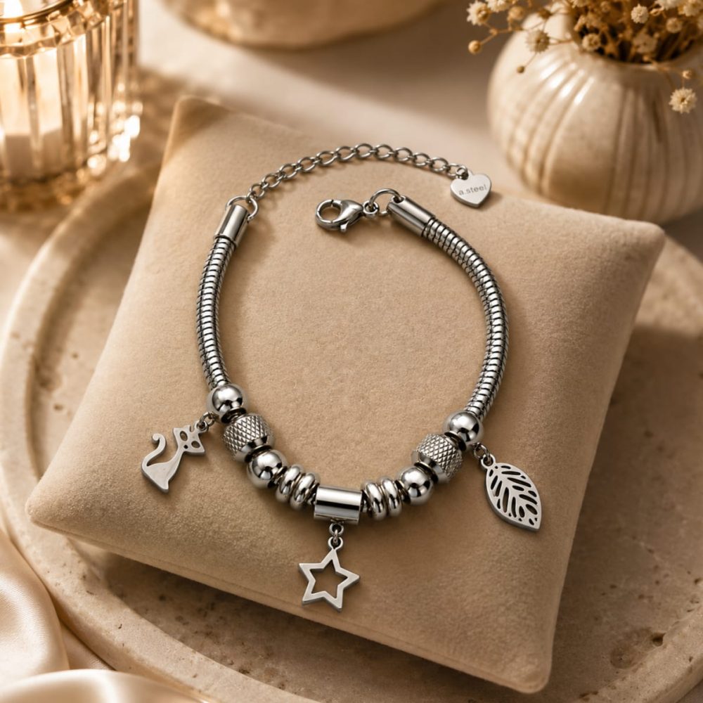 Pulseira Berloques Folha Estrela Gato
